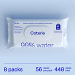 Coterie Baby Wipes, 8 Pack, 448 Count, Unscented Wipes, 99% Purified Water, Plastic-Free & Plant-Derived Fibers, Fragrance Free Hypoallergenic Sensitive Skin Baby Essentials, Clean Ingredients
