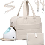 Diaper Bag with Breast Pump Laptop Compartment, Puffer Quilted Tote Bag with Baby Changing Pad Stroller Buckle Straps