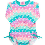 RuffleButts Baby Girls UPF 50+ Sun Protection Novelty Print Long Sleeve One Piece Rash Guard Swimsuit with Zipper - Mermaid/Aqua, 6-12m