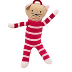 Cat-shaped plush toy with red and white striped pajamas on a white background