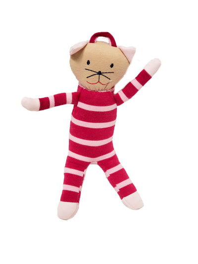 Cat-shaped plush toy with red and white striped pajamas on a white background