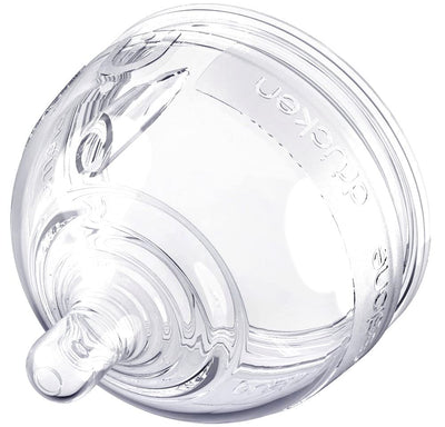 Clear baby bottle nipple with UPPAbaby branding on a white background