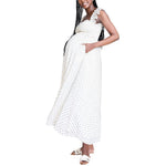 Motherhood Maternity Sleeveless Ruffle Shoulder Smocked Maxi Pregnancy Dress, White Clip Dot, Small
