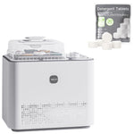 Bottle washing machine with detergent tablets on a white background