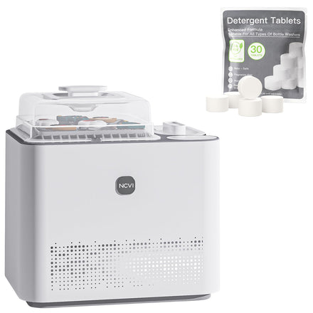 Bottle washing machine with detergent tablets on a white background