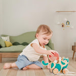 Hape Wooden Walk-A-Long Kitten Pull Toy| Roll & Rattle Push Pull Toy for Toddler| Montessori Toys for Walking Toddlers, Green