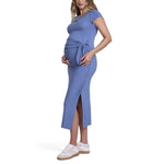 Motherhood Maternity Women's Short Sleeve Crew Neck Side Tie Detail Midi Casual Pregnancy Dress, Moonlight Blue, Large