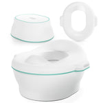 White and teal potty seat with lid on a white background