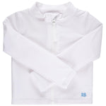 RuffleButts UPF50+ Sun Protective Unisex Long Sleeve Full Zip Rash Guard - White, 3-6m