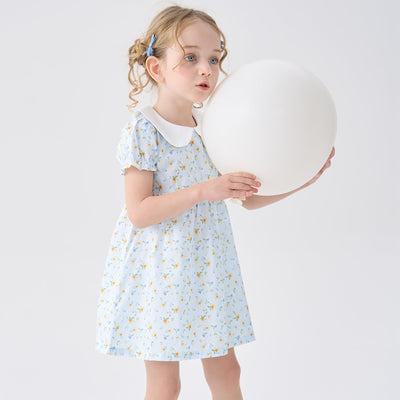 pureborn Baby Girls Woven Dress Short Sleeve Cotton Peter Pan Collar Dress Summer Playwear Dresses Light Blue Floral 12-18 Months