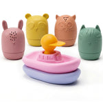 LITTLE RAWR Silicone Bath Toys for Babies 6-12 Months, Easy-to-Dry Detachable Animal Squirt Toys & Floating Boat Set for Toddlers 1-3, Soft Food-Grade Sensory Water Toys for Bathtub, Pool & Beach