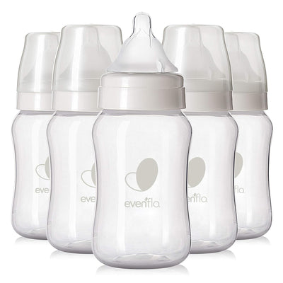 Set of clear baby bottles with white caps and 'evenflo' branding on a white background