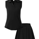 PATPAT Girls Tennis Outfits Size 7-8, Black Sleeveless Polo Shirts + Pleated Skirt with Built in Shorts 2 Piece Outfits Clothes For Girls Gym Outfits Kids Activewear Sets