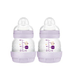 Two baby bottles with purple accents on a white background