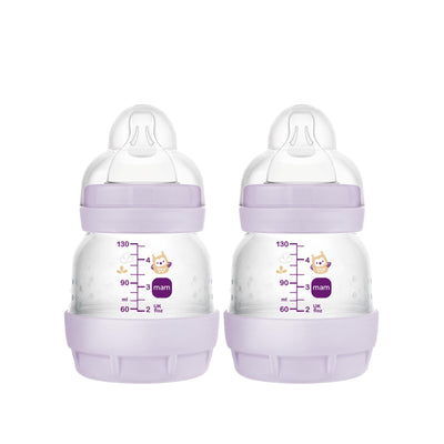 Two baby bottles with purple accents on a white background