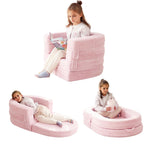 Welnow 3-in-1 Kid Toddler Travel Bed, Convertible Portable Toddler Flip Out Floor Beds, Foldable Kid Cot with Washable Cover & High-Density Mattress, Kids Folding Couch for Girl or Boy, Pink