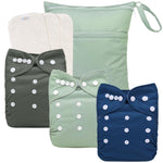 Set of four cloth diapers in different colors with button closures on a white background
