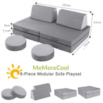 MeMoreCool Kids Modular Play Couch, 8-Piece Convertible Kids Couch Set in Grey, Foam Fort Builder Kids Sofa with Washable Plush Cover for Small Spaces Playroom Nursery, 150 lbs, Ages 1-5