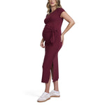 Motherhood Maternity Women's Short Sleeve Crew Neck Side Tie Detail Midi Casual Pregnancy Dress, Tawny Port, Medium