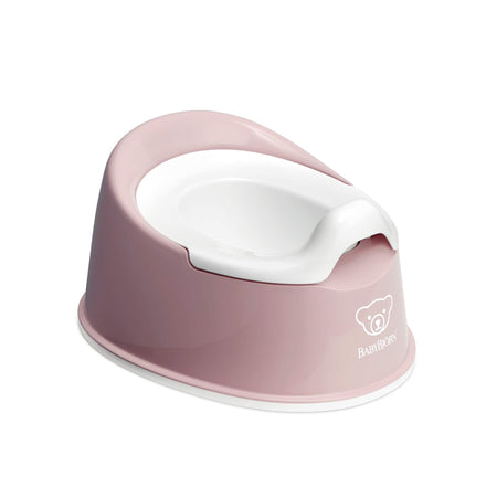 Pink and white baby potty with a visible brand logo on a white background