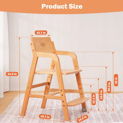 Swegrow Wooden High Chair with 2 Wheels, Adjustable Seat - Backrest - Footrest Heights, Wooden High Chair for Toddlers - Kids and Baby, Kids Dining Chair with Removable Cushion
