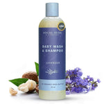 Baby wash and shampoo bottle with lavender flowers and shea butter on a white background
