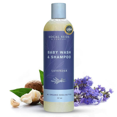 Baby wash and shampoo bottle with lavender flowers and shea butter on a white background