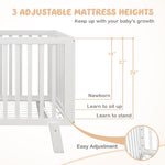 BABY JOY Wooden Baby Crib, Rubber Wood Mini Crib w/ 3-Height Adjustable Mattress Support Base & Full-Length Guardrails, Toddler Bedroom Furniture Fence Bed (White)