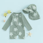 Summffie Toddler Baby Boy Rash Guard Swimsuit Long Sleeve Zipper One Piece Bathing Suit with Hat Infant Beach Swimwear (Sea Turtle Green, 3-6 Months)