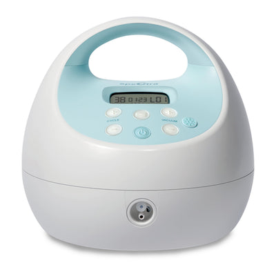 White and light blue electronic device with digital display on a white background