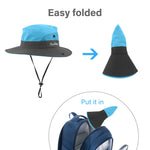 2 Pieces 5-14Y Kids Summer Sun Hat Wide Brim UV Protection for Girls Ponytail Beach Bucket Cap (Purple＆Sky Blue)