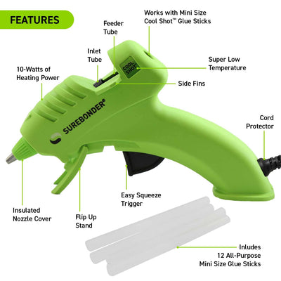 Surebonder 10W Ultra Low Temp Cool Shot Mini Glue Gun Kit with 12 Glue Sticks, Bonds Delicate Materials Like Paper, Fabric, Foam, Balloons - Clear