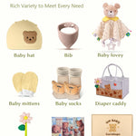 Coralogo Baby Shower Gift Basket for Girl & Boy - Baby Gift Set for Newborn, Unique Gifts for Newborn, Felt Tote Bag with Security Blanket Soft Hat Bib Socks Anti-Scratch Mittens, Bear Themed