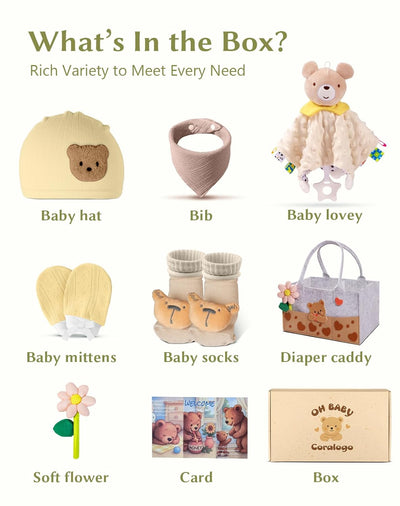 Coralogo Baby Shower Gift Basket for Girl & Boy - Baby Gift Set for Newborn, Unique Gifts for Newborn, Felt Tote Bag with Security Blanket Soft Hat Bib Socks Anti-Scratch Mittens, Bear Themed