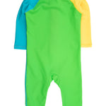 RUGGEDBUTTS Baby Boys UPF50+ Sun Protected Full Length Long Sleeve Rash Guard One Piece Swimsuit - Neon Color Block, 3-6m