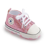 KKIIDDSS Unisex Baby Girls Boys Canvas High-top Shoes, Newborn Infant Anti-Slip Soft Sole Frist Walking Sneakers (B02/Sequin Little Purple,12-18 Months)