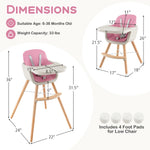 BABY JOY Convertible Baby High Chair, 3 in 1 Wooden Highchair/Booster/Chair with Removable Tray, Adjustable Legs, 5-Point Harness, PU Cushion and Footrest for Baby, Infants, Toddlers (Pink)