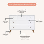 dadada Austin 5-Drawer Dresser for Nursery and Bedroom - Modern Design, Large Storage, Baby-Safe Finish, Soft Close Drawers, Anti-Tip Safety, Solid Wood Feet, Durable Construction (White+Walnut)