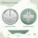 SPMKTQK 3Pack Sainless Steel Kids Plates with Suction, 8.1” Divided Toddler Baby Plates with Removable Silicone Sleeves BPA Free Non-Slip 2-in-1 Anti Breakage Metal Toddler Bowls