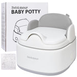 White baby potty with gray top and 'Beba mour' branding, next to its packaging.
