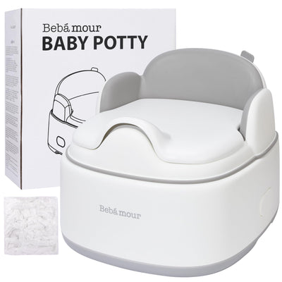 White baby potty with gray top and 'Beba mour' branding, next to its packaging.