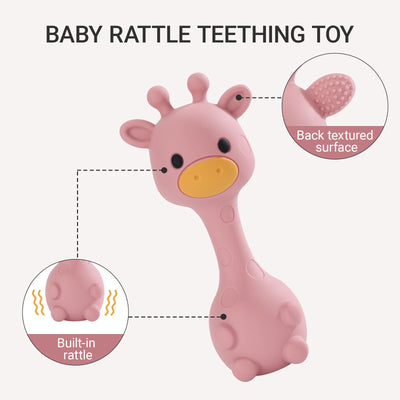 AULEGE Giraffe Silicone Baby Teether Rattle Toy for 0-6 6-12 Months, BPA-Free Infant Teething Toy with Rattle Sound, Easy-Grip Design for Teething Relief (Dark Pink)