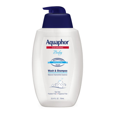 Aquaphor Baby Wash & Shampoo bottle on a white background