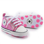 KKIIDDSS Unisex Baby Girls Boys Canvas High-top Shoes, Newborn Infant Anti-Slip Soft Sole Frist Walking Sneakers (B01/Sequin Rose Red, 12-18 Months)