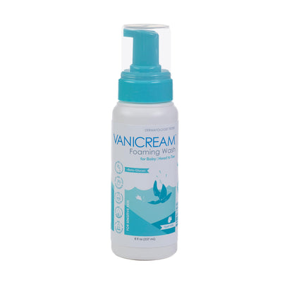 Vanicream foaming wash bottle with blue pump on a white background