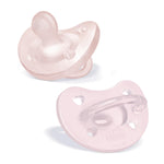 Two pink baby pacifiers on a white background
