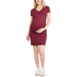 Motherhood Maternity Women's V-Neck Short Sleeve Side Ruched Bodycon Mini Pregnancy Dress, Mauve Wine, Large