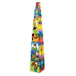 Stack of colorful children's blocks with letters and animal illustrations on a white background
