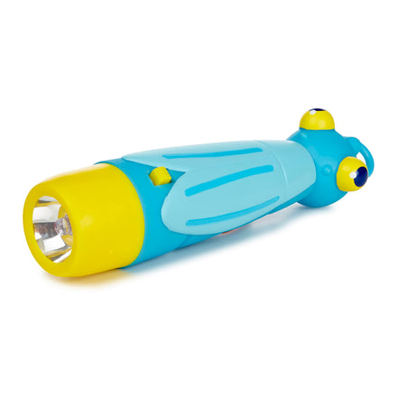 Toy flashlight shaped like a blue octopus with yellow accents on a white background
