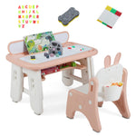 Costzon Kids Table and Chair Set, Graffiti Activity Table w/Flip-Top Tabletop Bookshelf, Erasable Magnetic Drawing Board, Storage, Adjustable Height for Drawing, Toddlers Art Table & Chair (Pink)